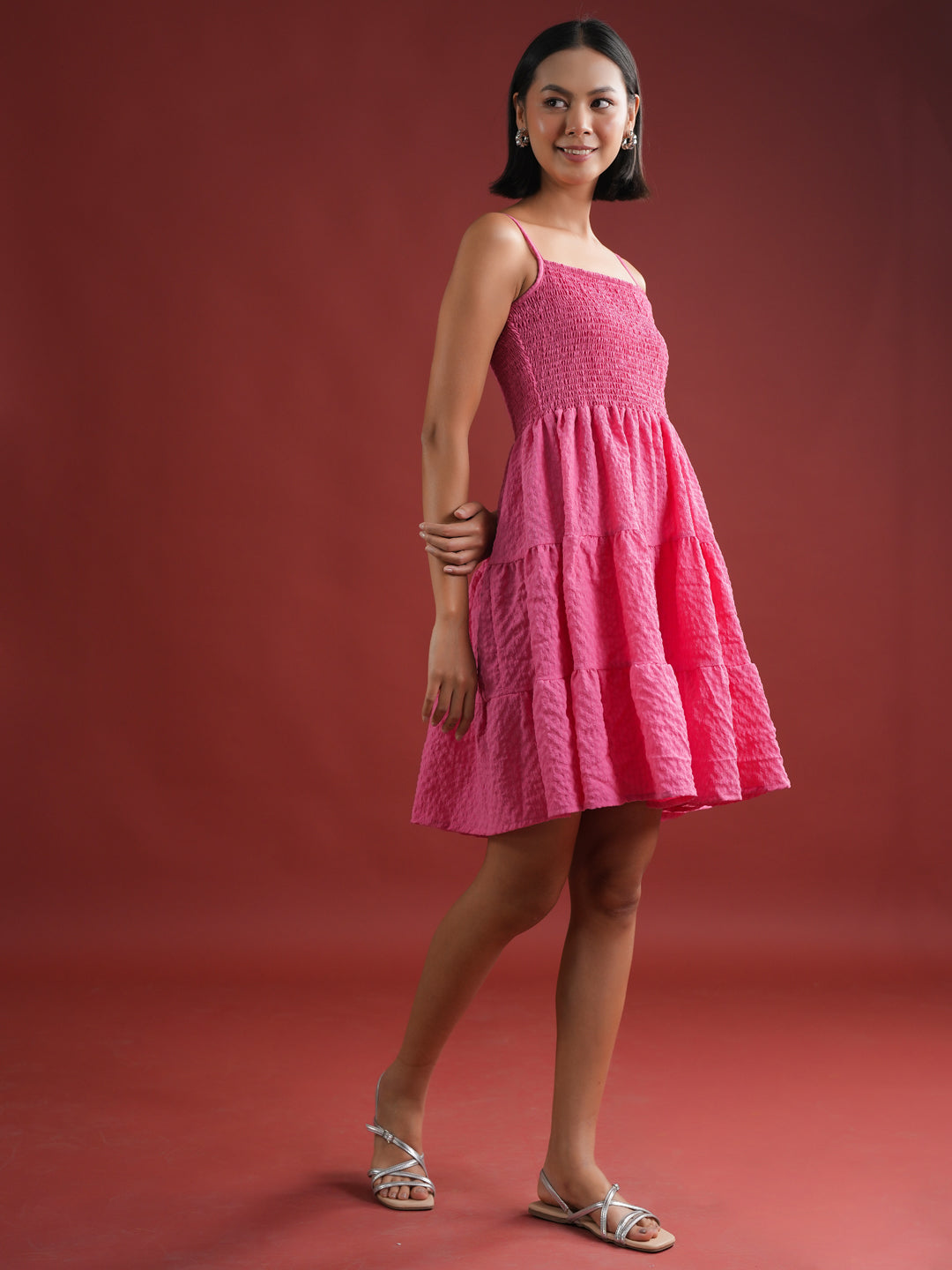 Pink Solid Polyester Dress for Women