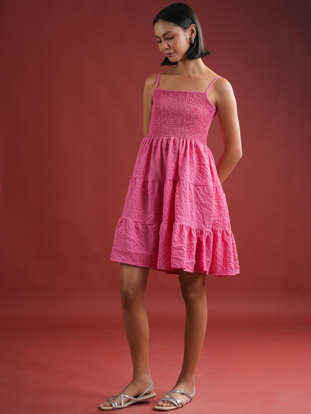 Pink Solid Polyester Dress for Women