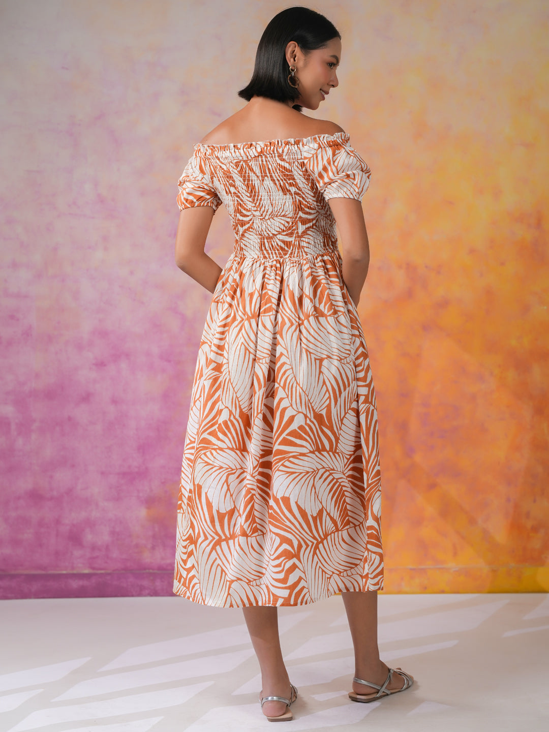 Orange Floral Printed Cotton Dress for Women