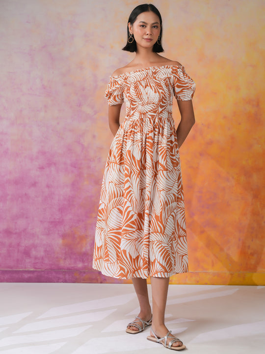 Orange Floral Printed Cotton Dress for Women