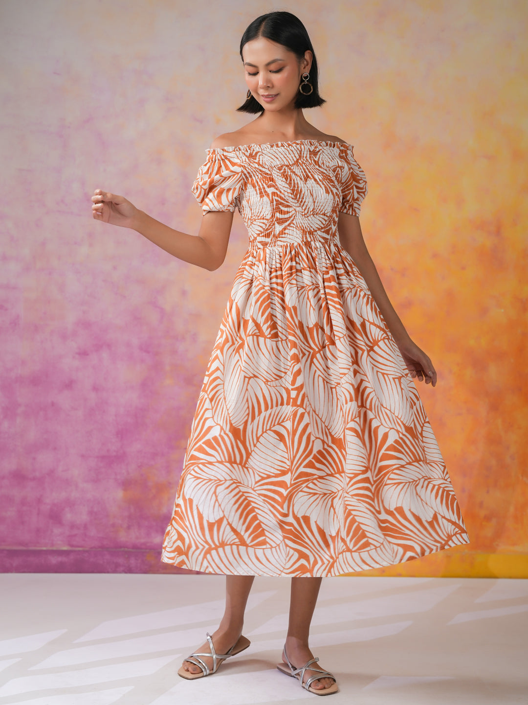 Orange Floral Printed Cotton Dress for Women