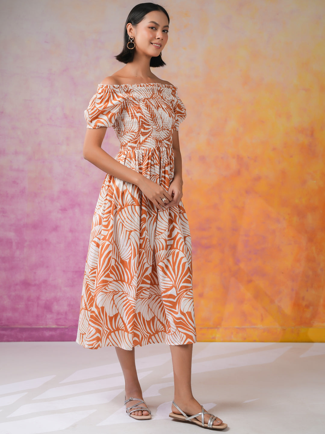 Orange Floral Printed Cotton Dress for Women