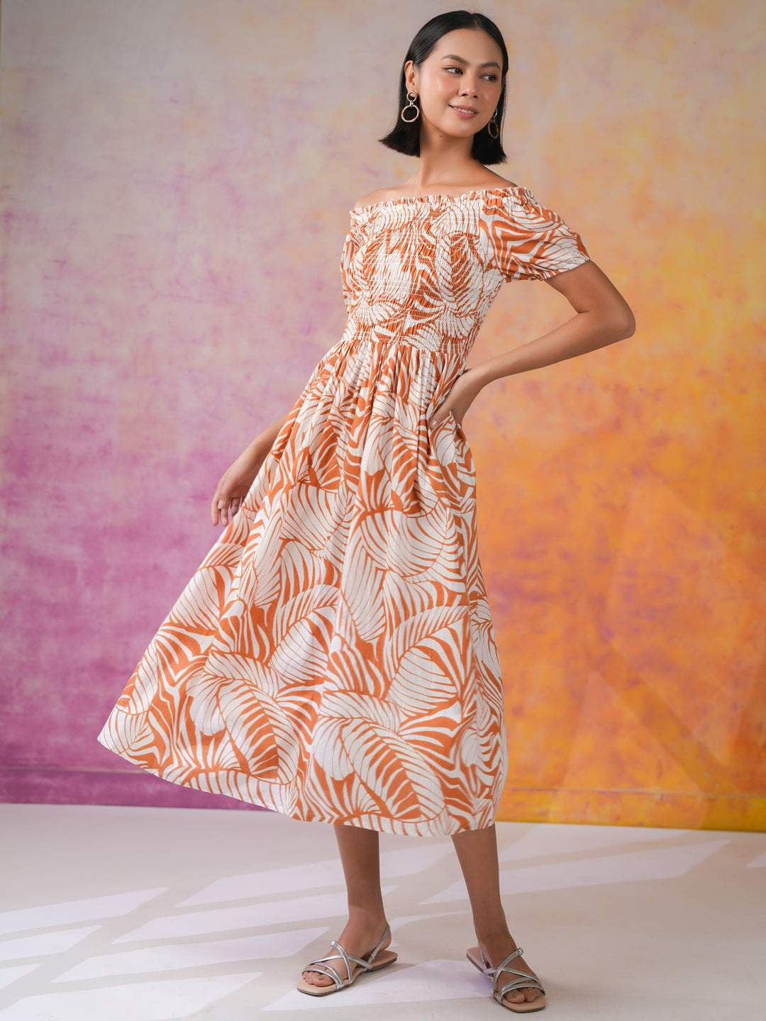 Orange Floral Printed Cotton Dress for Women