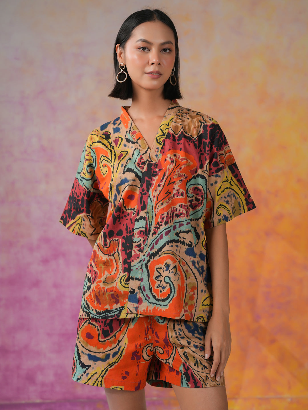 Orange Color Printed Co-ords Set for Women - SanskrutiHomes 