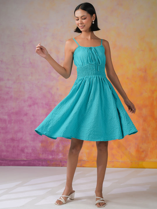 Blue Solid Polyester Dress for Women