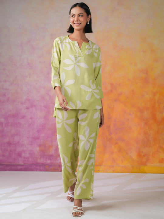 Green Floral Printed Cotton Co-ords Set for Women