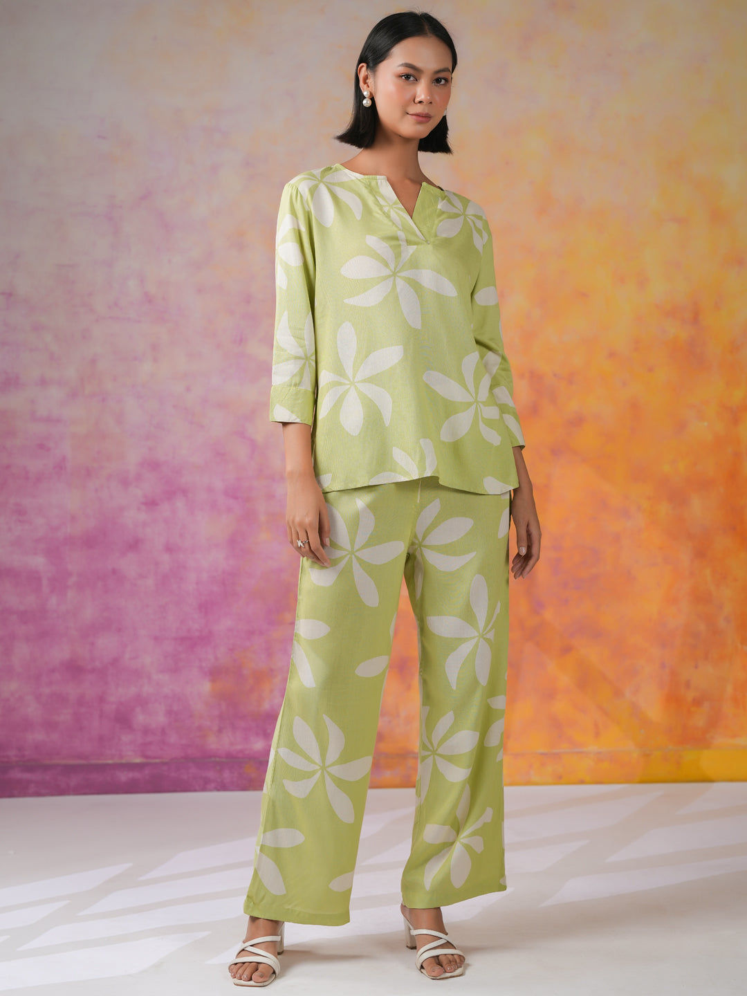 Green Floral Printed Cotton Co-ords Set for Women