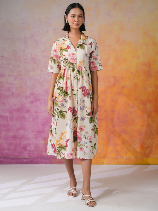 Off White Shirt Collar Floral Print Dress for Women