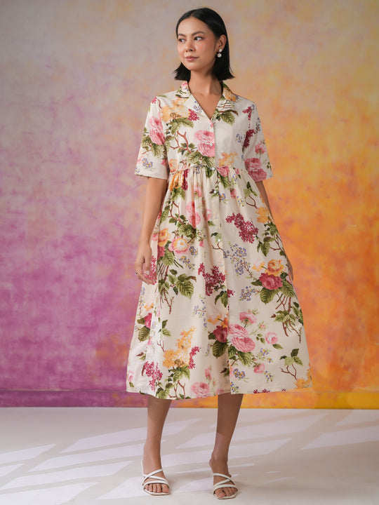 Off White Shirt Collar Floral Print Dress for Women