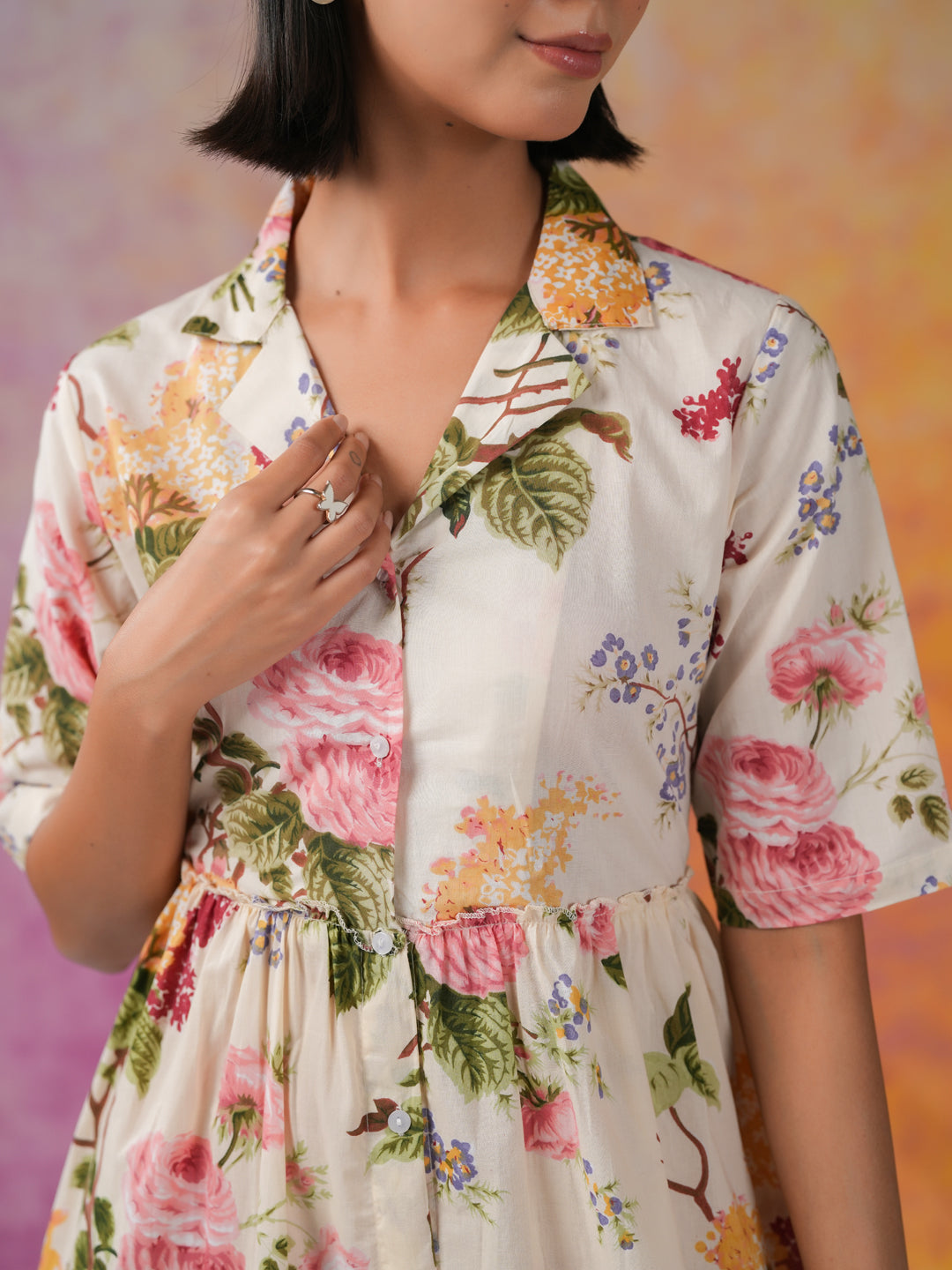 Off White Shirt Collar Floral Print Dress for Women