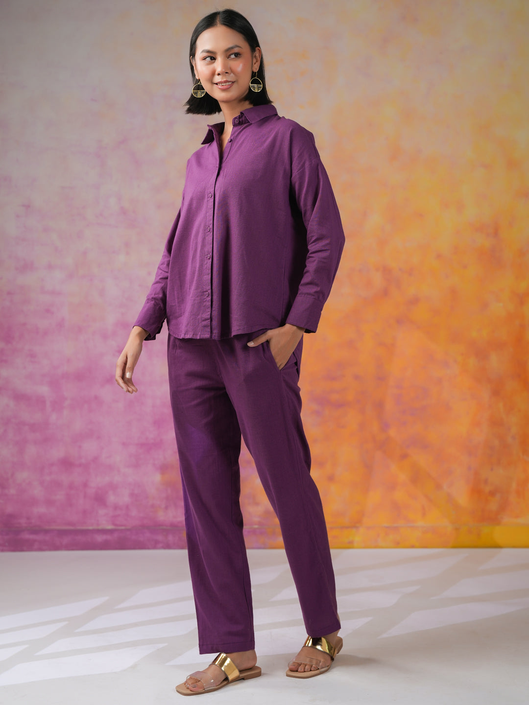 Purple Color Solid Print Cotton Co-ords Set