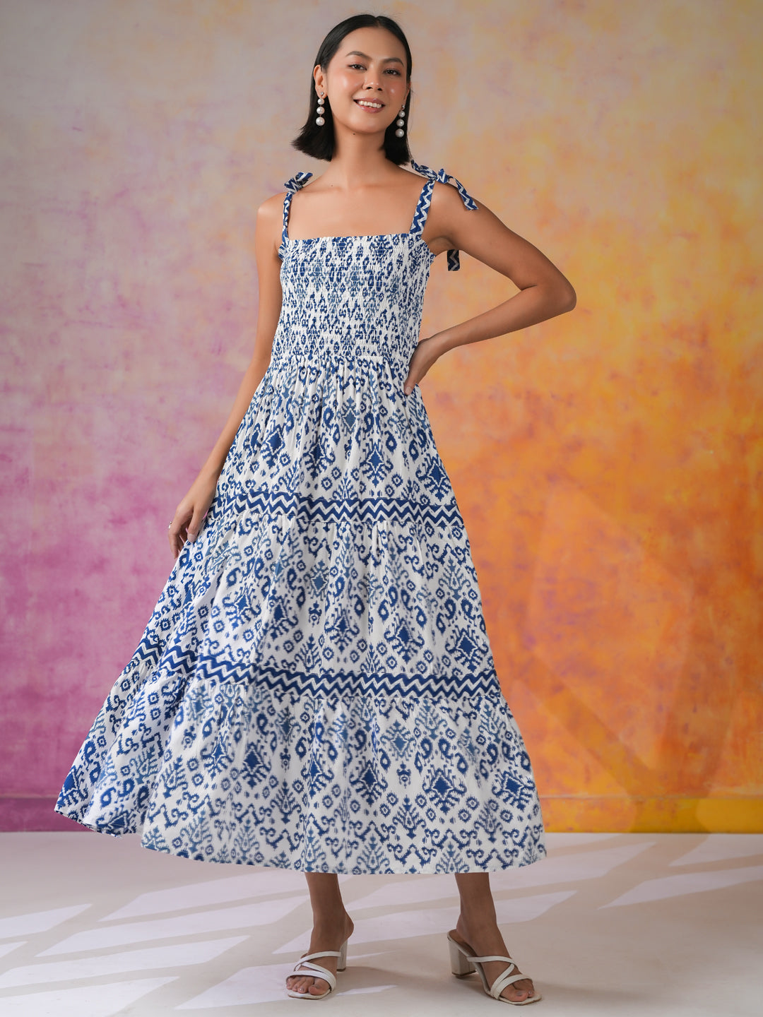 Blue Printed Square Neck Dress for Women - SanskrutiHomes 