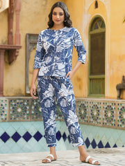 Blue LEAF print Cotton Night Suit