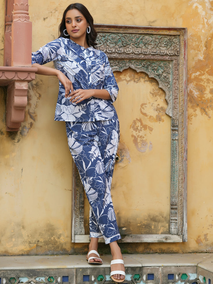 Blue LEAF print Cotton Night Suit