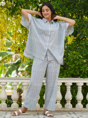 Grey stripes  loose fit cotton Night Suit Set