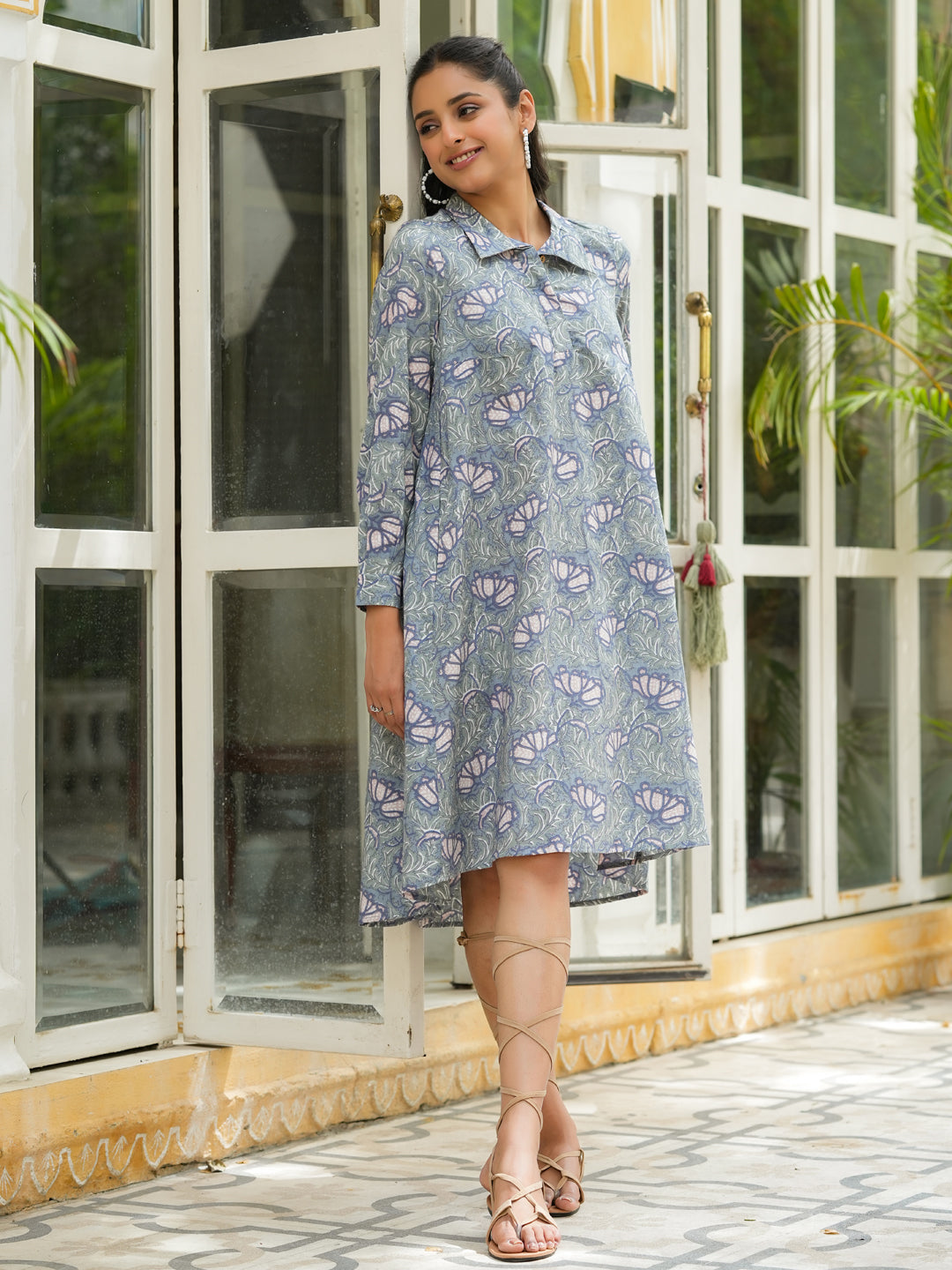Blue floral print Lounge Dress - SanskrutiHomes 