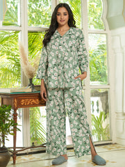 Green Floral Printed cotton Night Suit Set