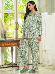 Green Floral Printed cotton Night Suit Set