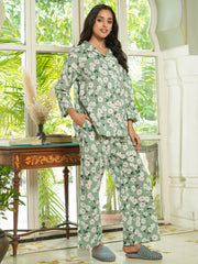 Green Floral Printed cotton Night Suit Set