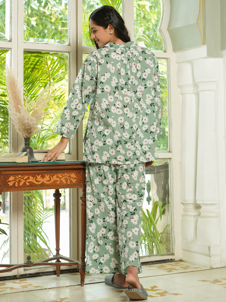Green Floral Printed cotton Night Suit Set