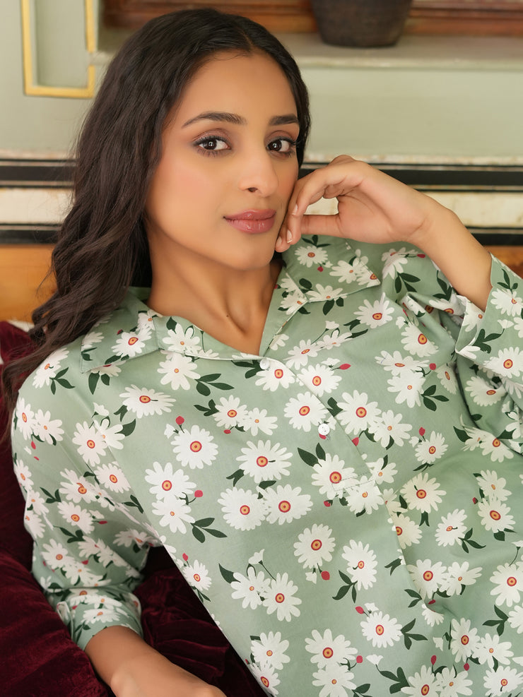 Green Floral Printed cotton Night Suit Set