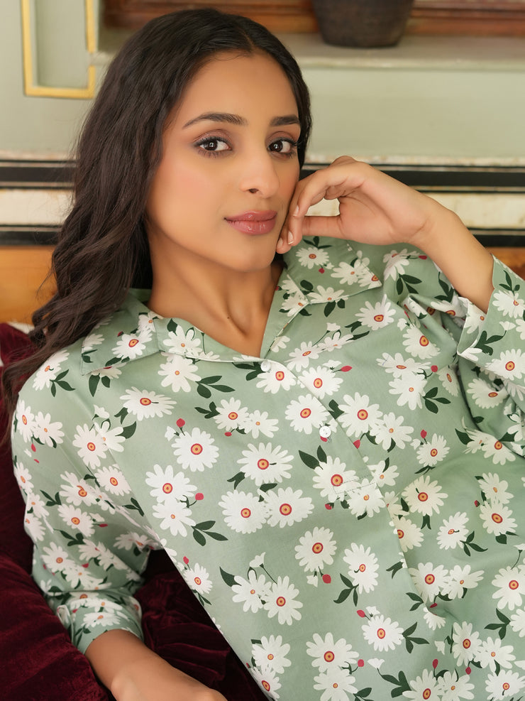 Green Floral Printed cotton Night Suit Set – Sanskruti Homes