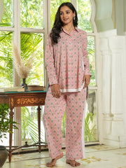 Pink Floral  loose fit Printed cotton Night Suit Set