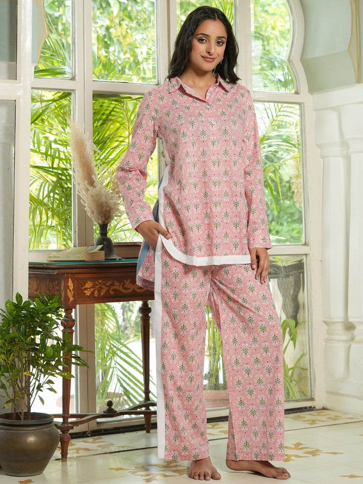 Pink Floral  loose fit Printed cotton Night Suit Set