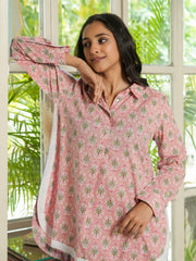 Pink Floral  loose fit Printed cotton Night Suit Set