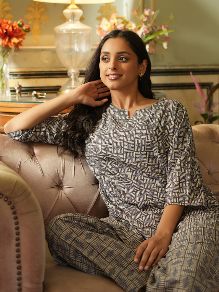 Grey Cotton printed loungewear set