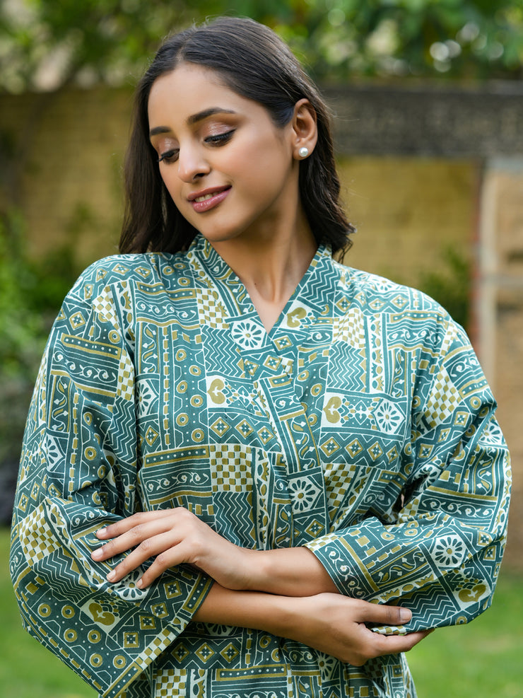 Green  Cotton printed kimono robe