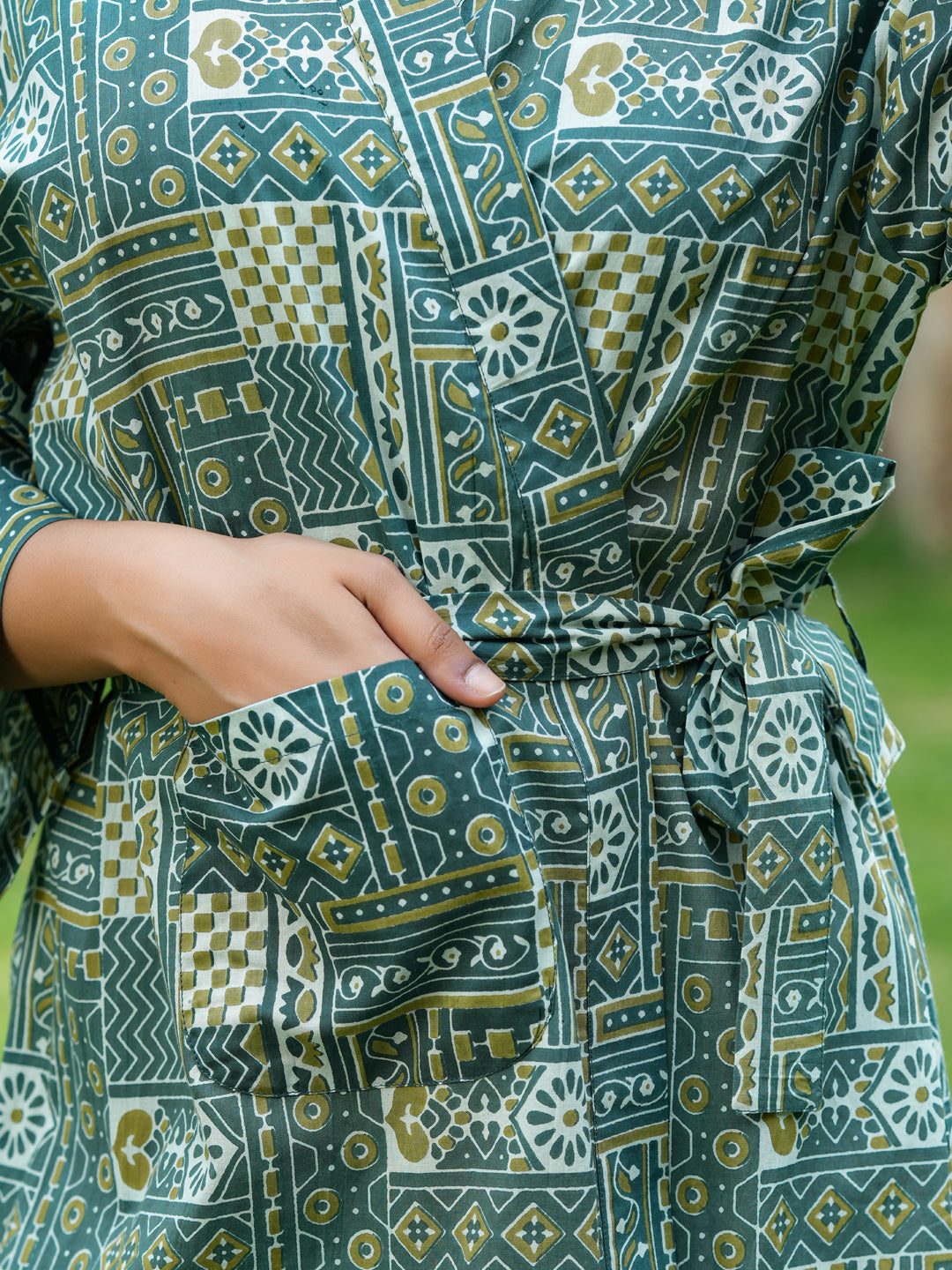 Green Cotton printed kimono robe - SanskrutiHomes 