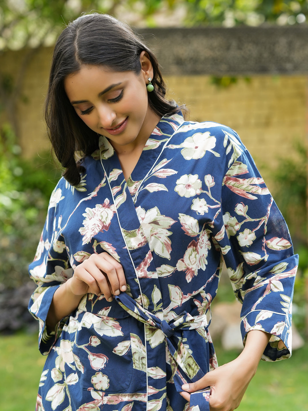 Navy blue Cotton printed kimono robe - SanskrutiHomes 