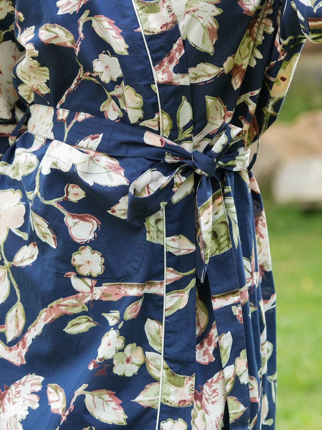 Navy blue Cotton printed kimono robe - SanskrutiHomes 