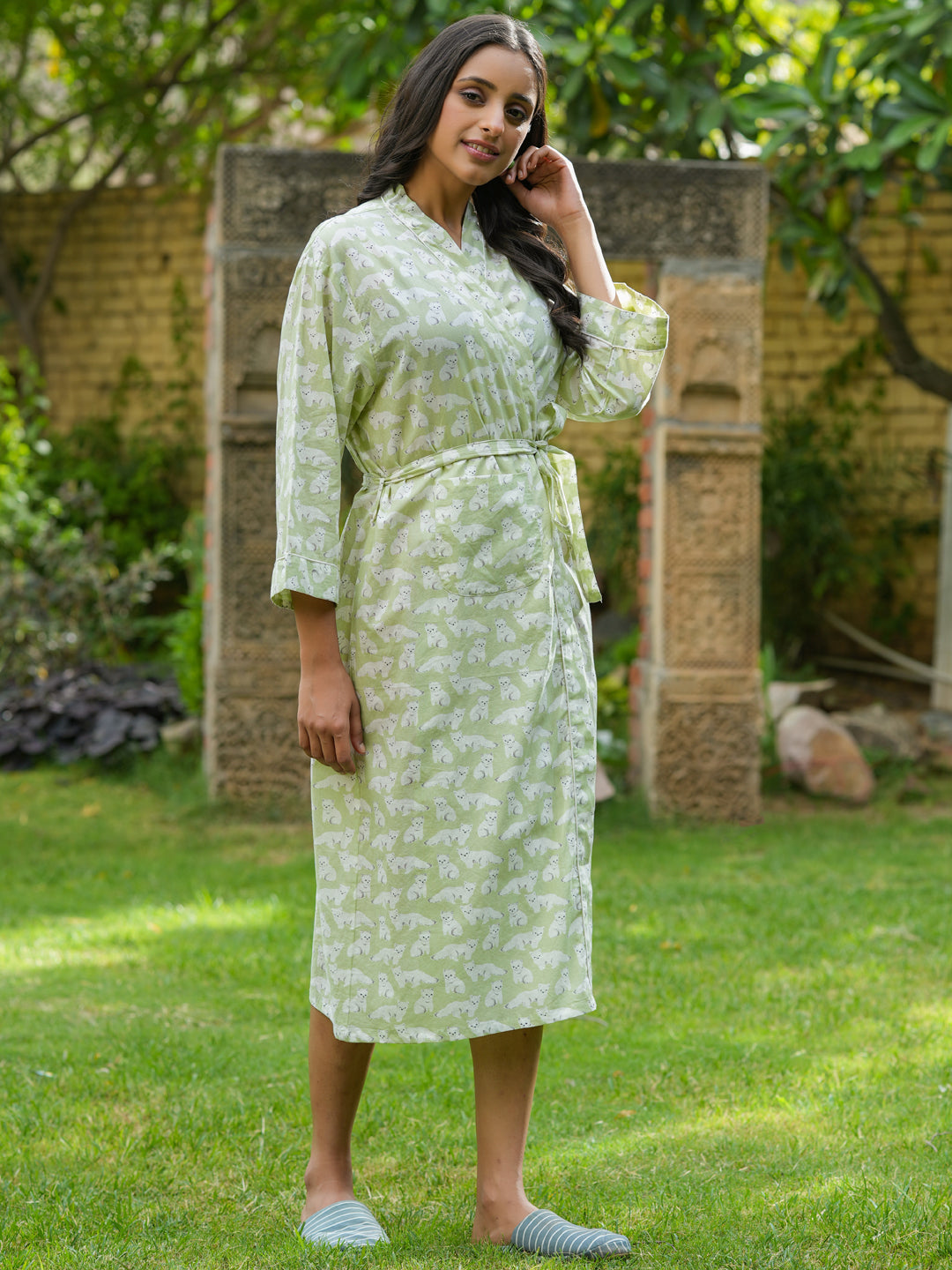 Green Cotton printed kimono robe - SanskrutiHomes 