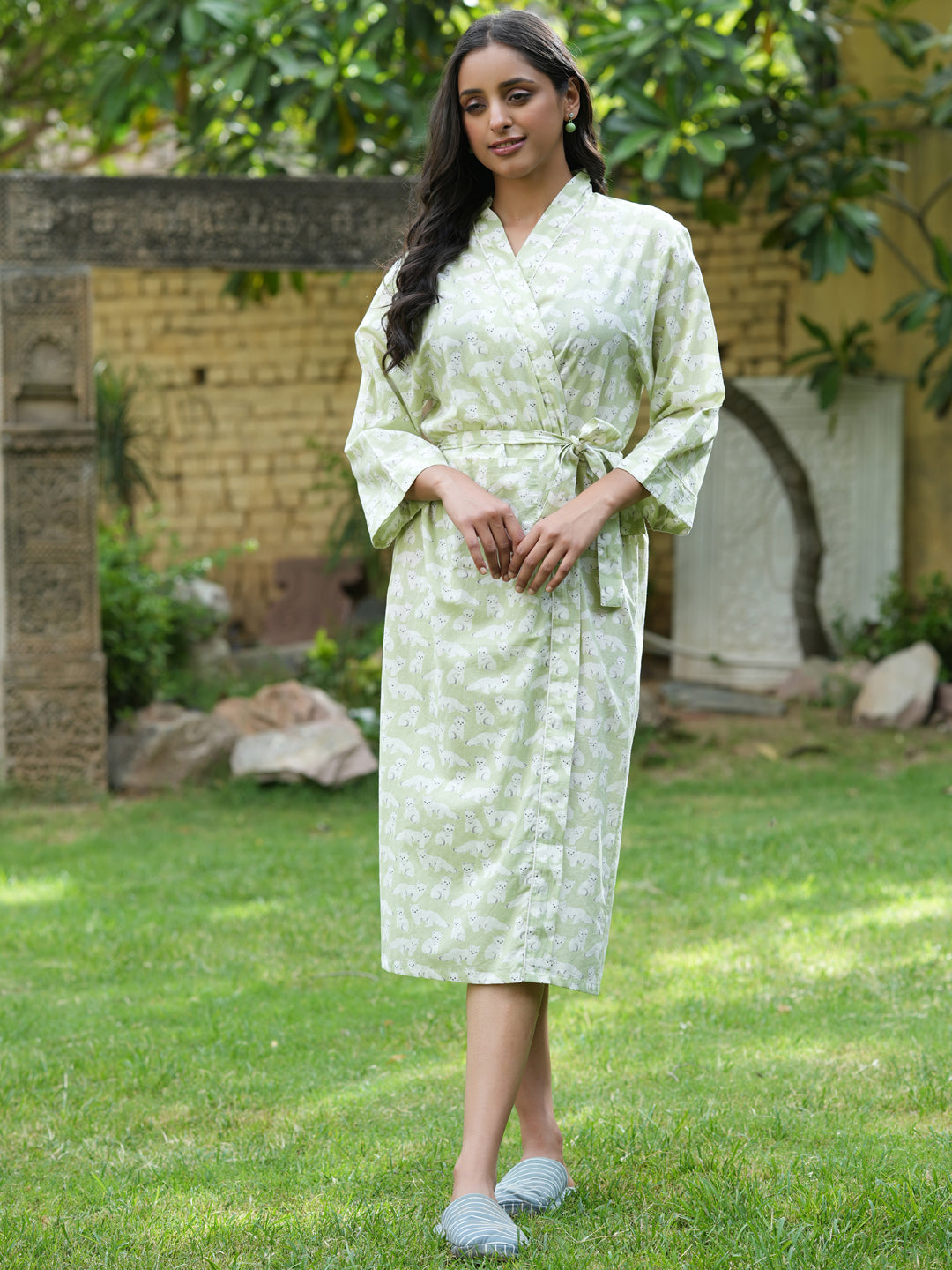 Green Cotton printed kimono robe - SanskrutiHomes 