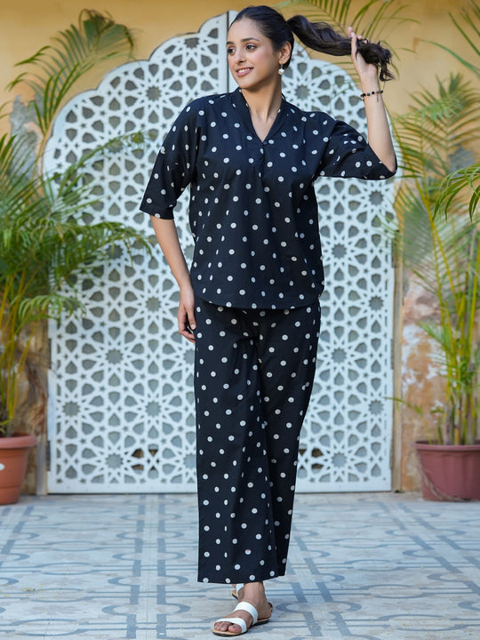 Black polka dot cotton Night Suit Set
