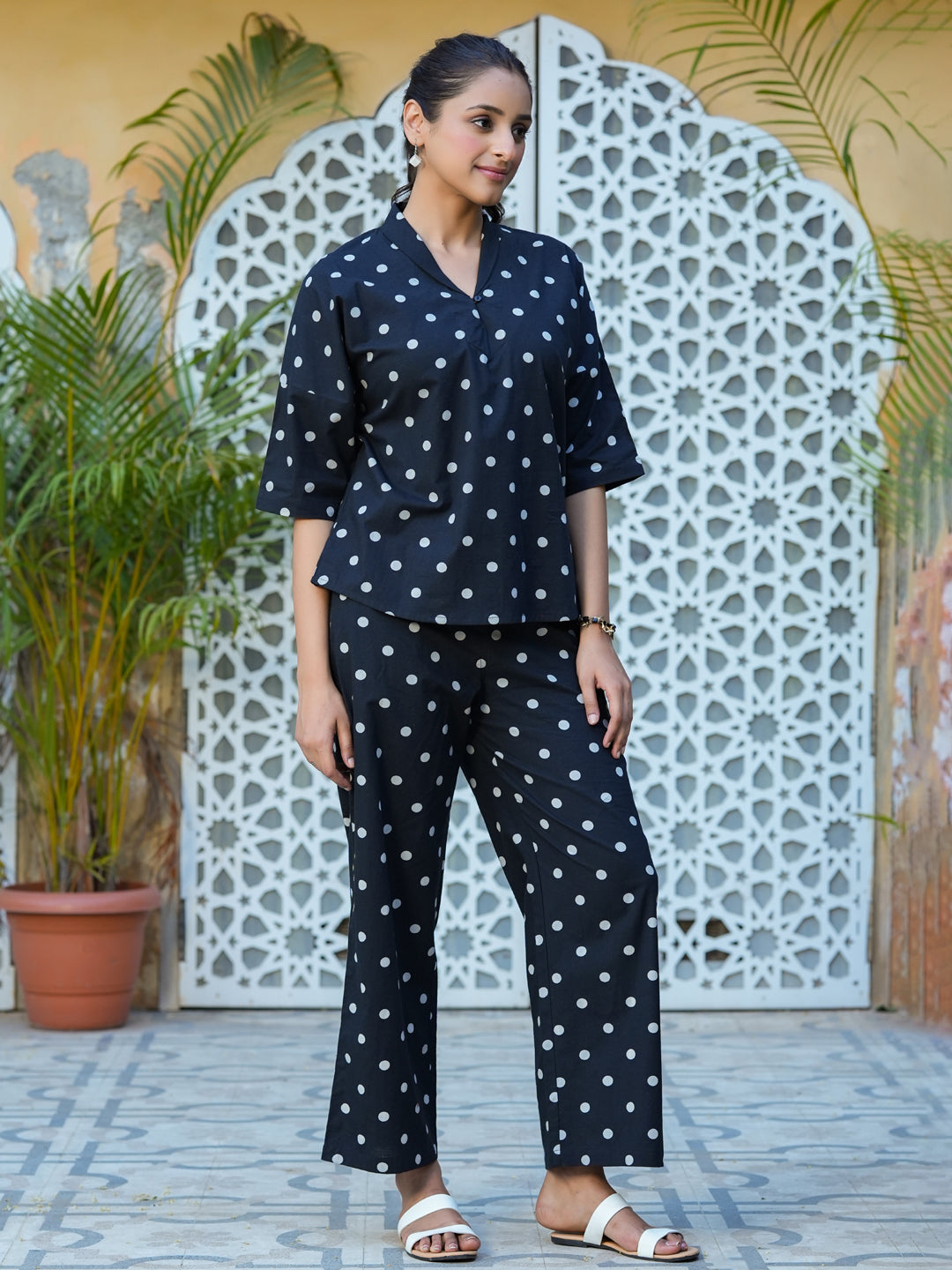 Black polka dot cotton Night Suit Set