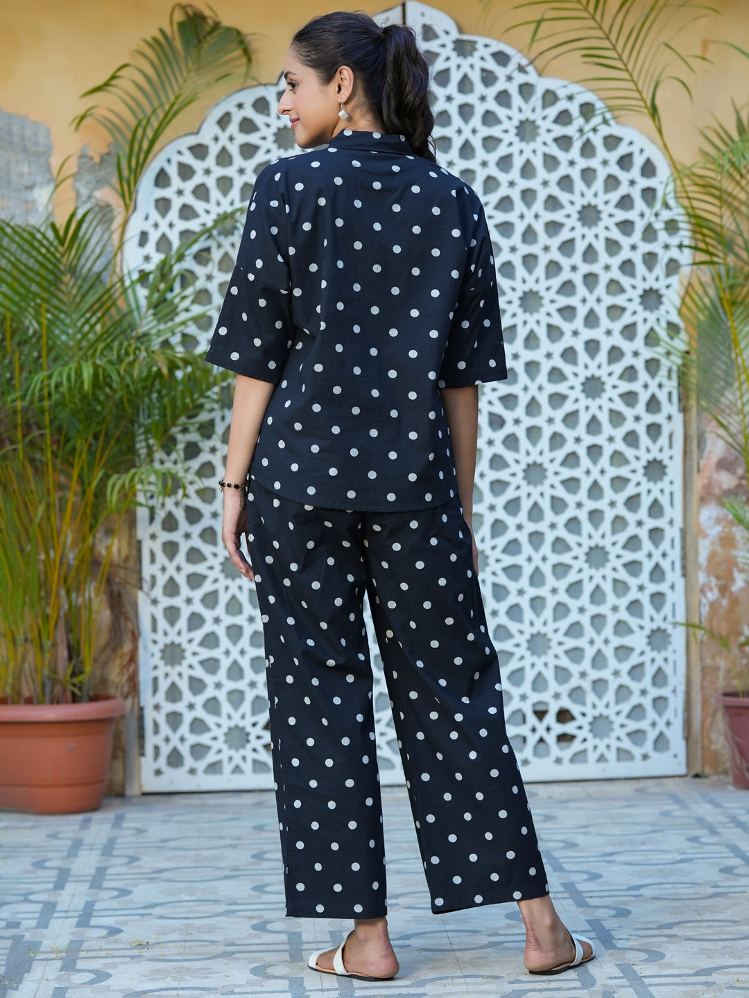 Black polka dot cotton Night Suit Set