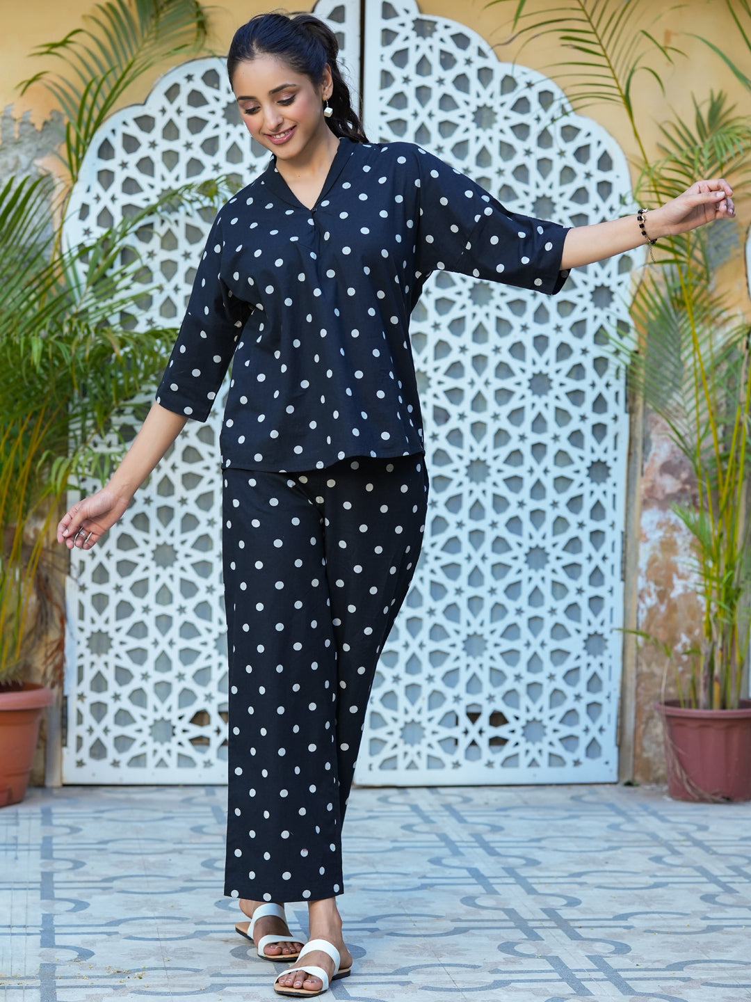 Black polka dot cotton Night Suit Set