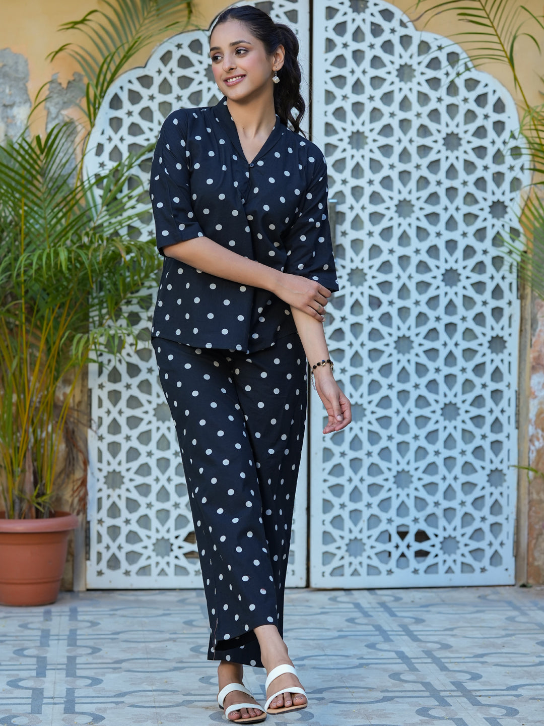 Black polka dot cotton Night Suit Set