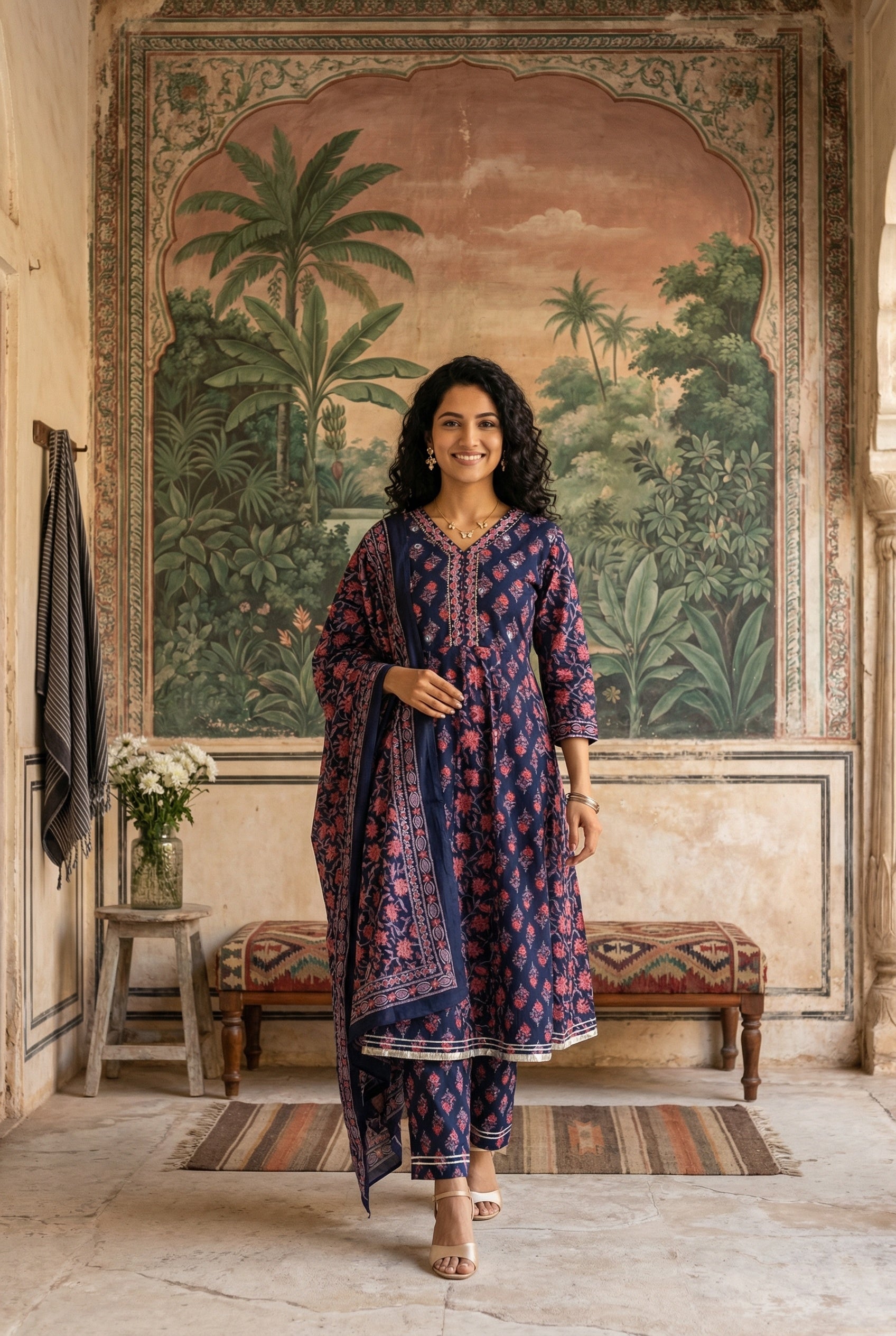 Blue Color Round Neck Flared Printed Pure Cotton Kurta Set For Women