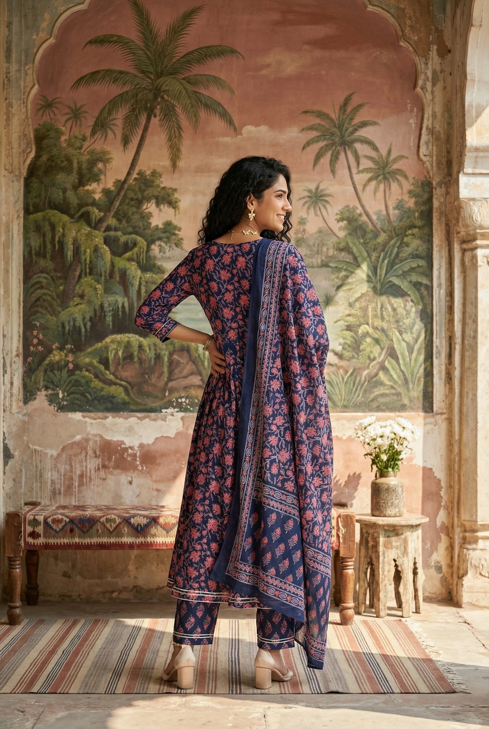 Blue Color Round Neck Flared Printed Pure Cotton Kurta Set For Women