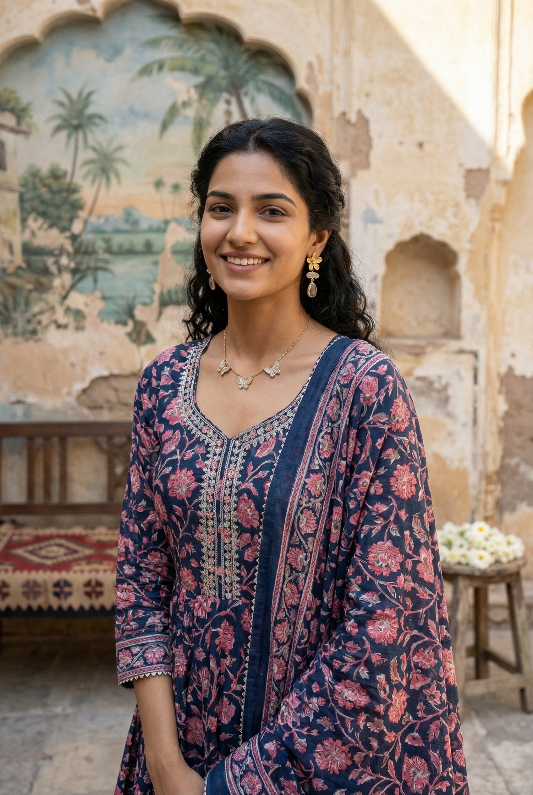 Blue Color Round Neck Flared Printed Pure Cotton Kurta Set For Women