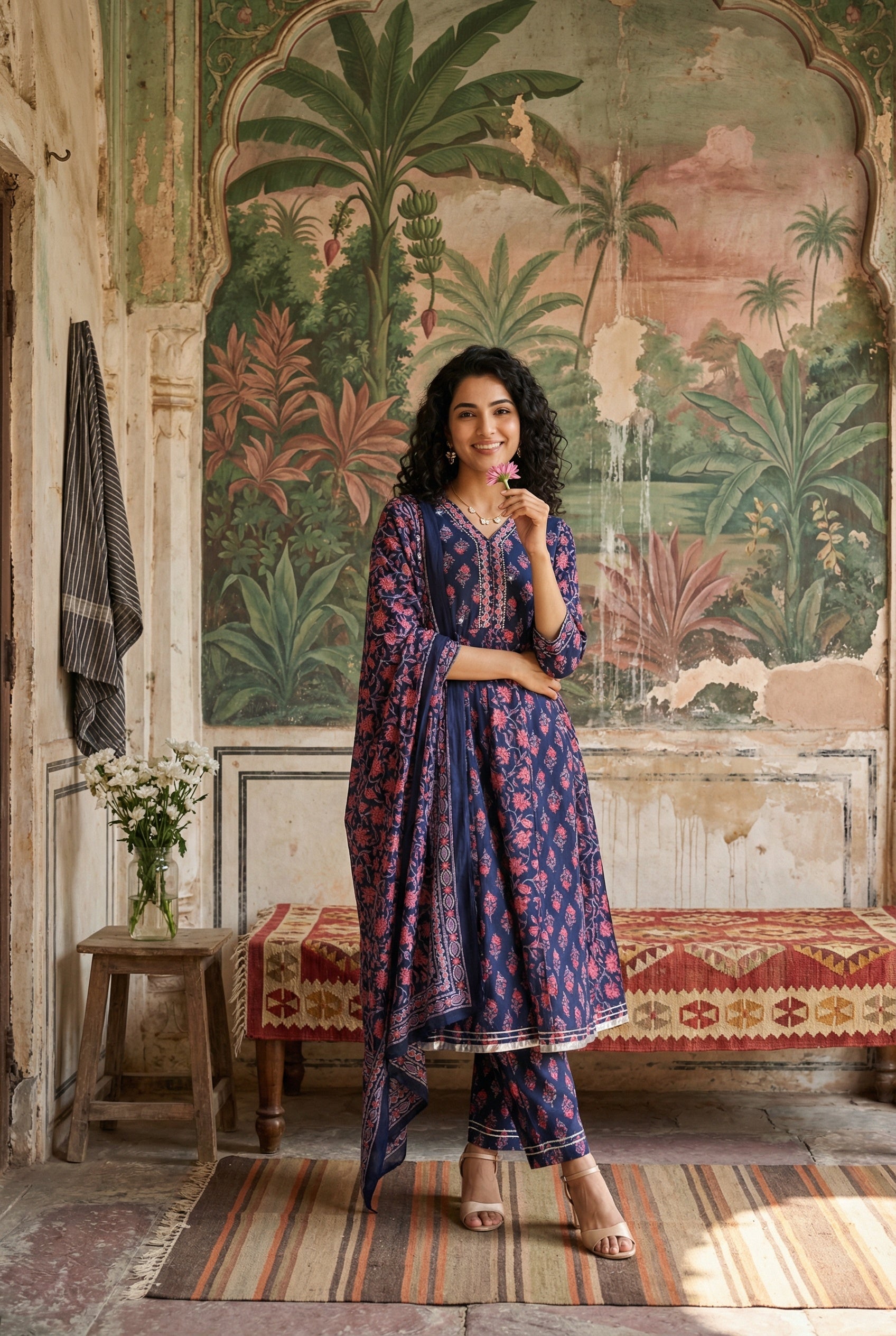 Blue Color Round Neck Flared Printed Pure Cotton Kurta Set For Women