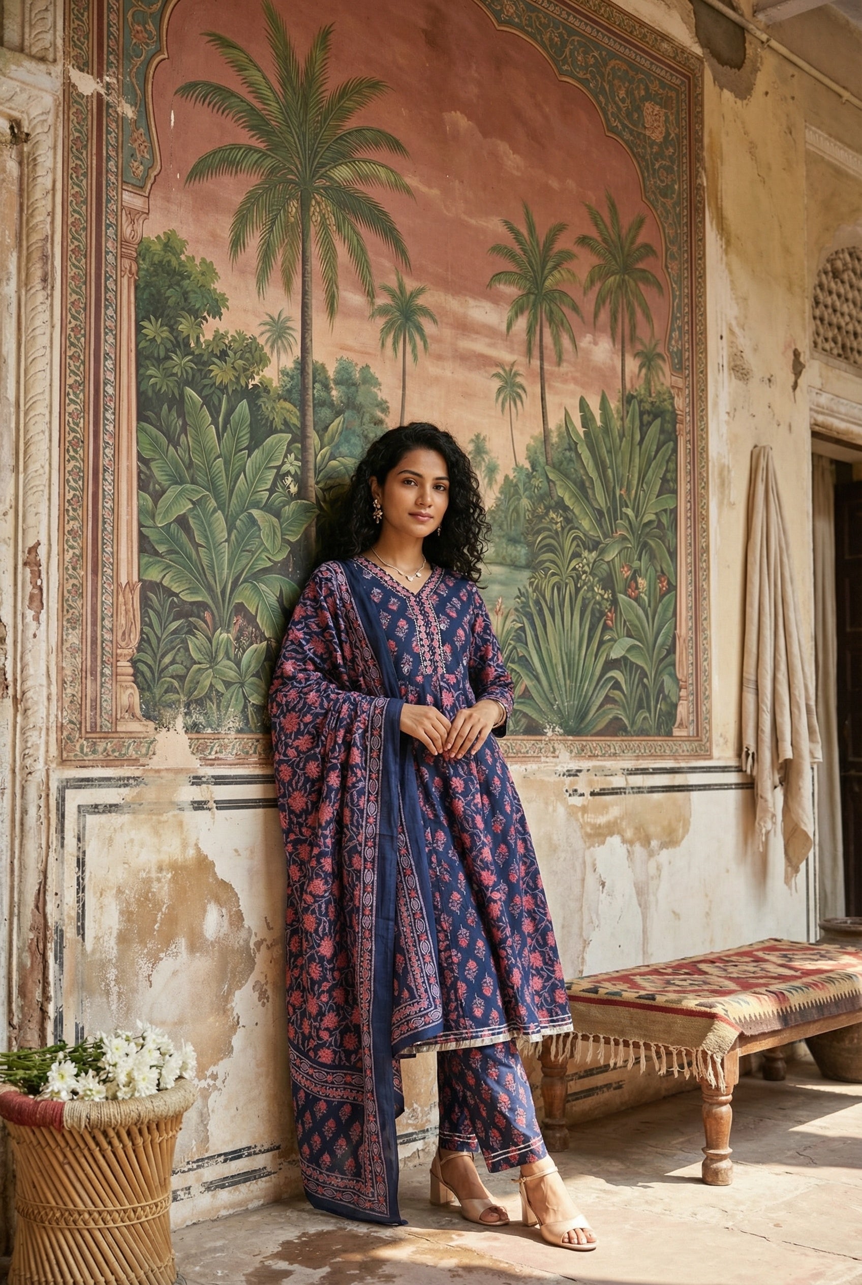 Blue Color Round Neck Flared Printed Pure Cotton Kurta Set For Women