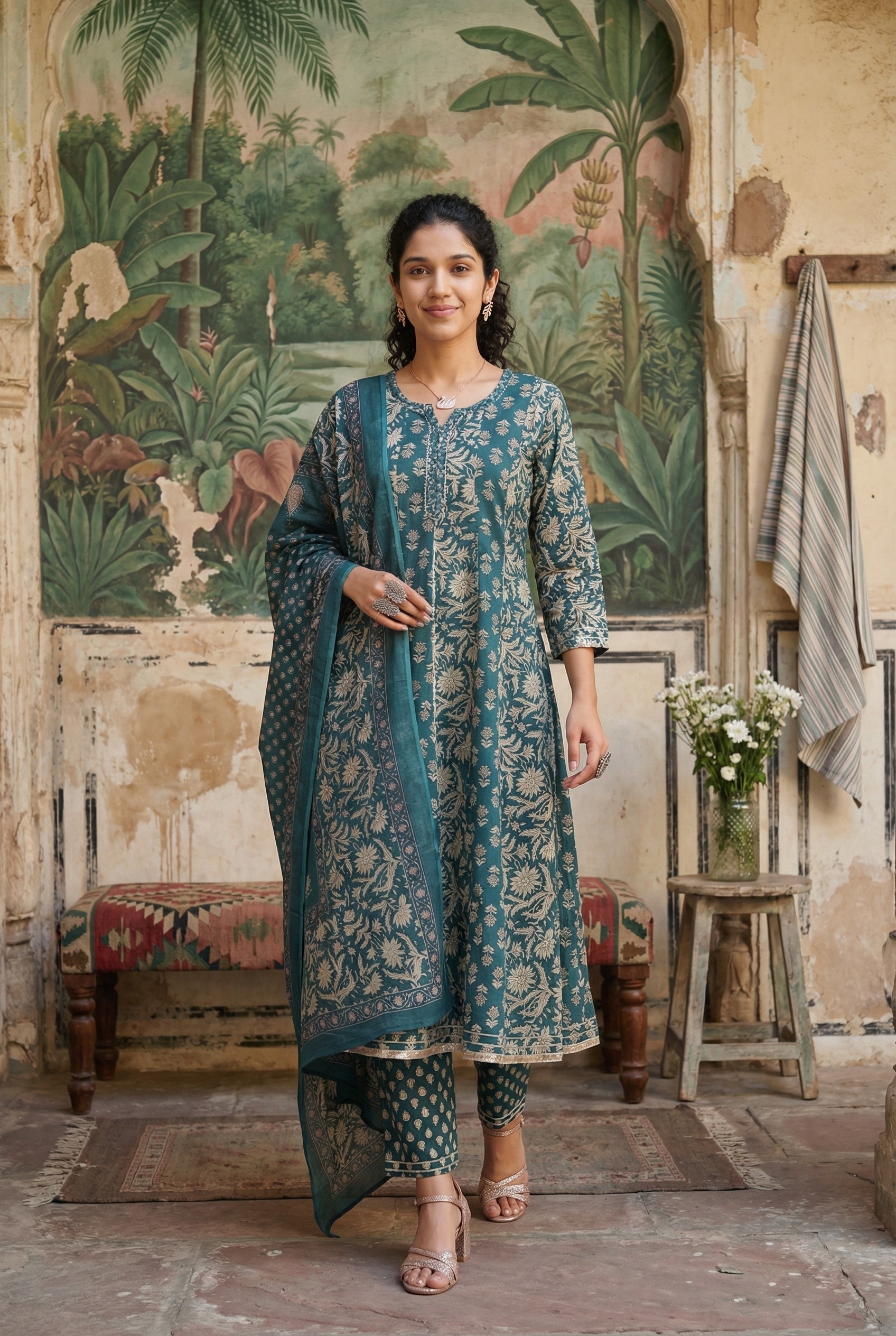 Teal Color Floral Print Round Neck Flared Pure Cotton Kurta Set For Women