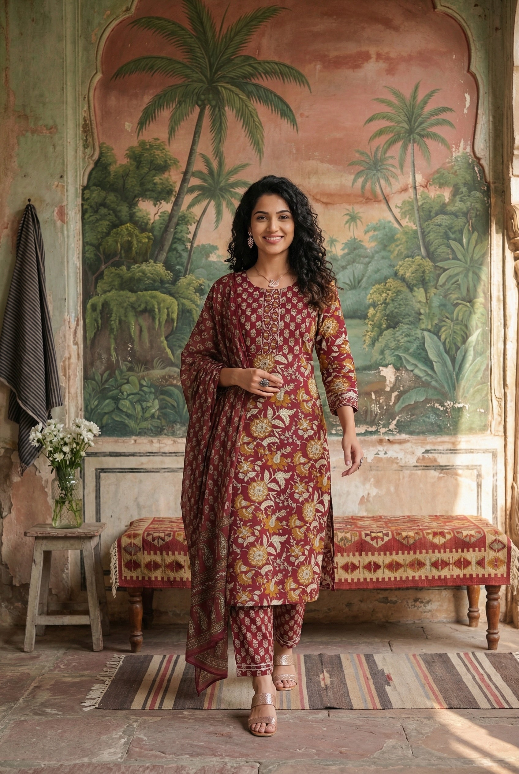 Maroon Color Round Neck Straight Printed Pure Cotton Kurta Set For Women