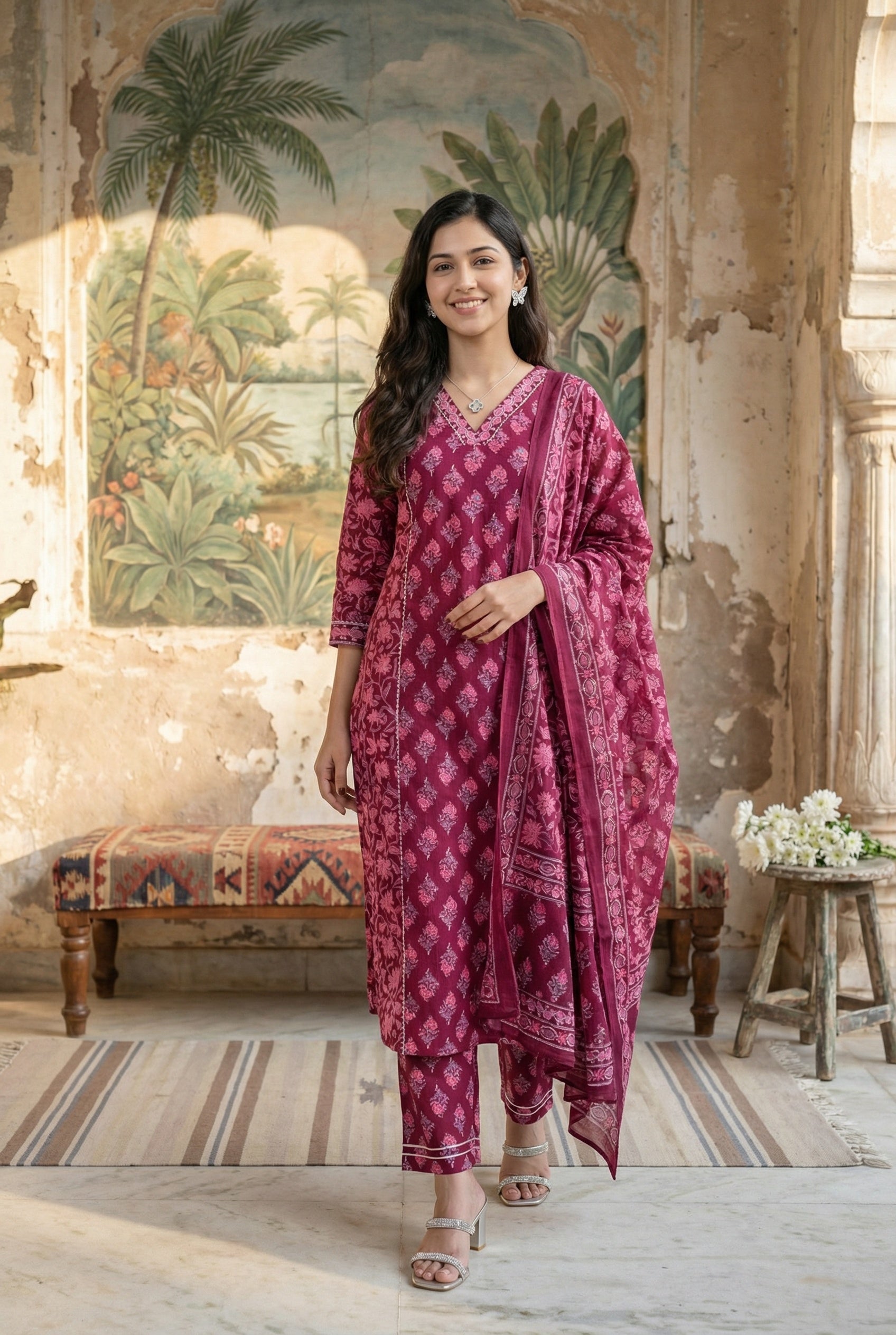 Pink Floral V-Neck Gotta Patti Pure Cotton Kurta Set For Women