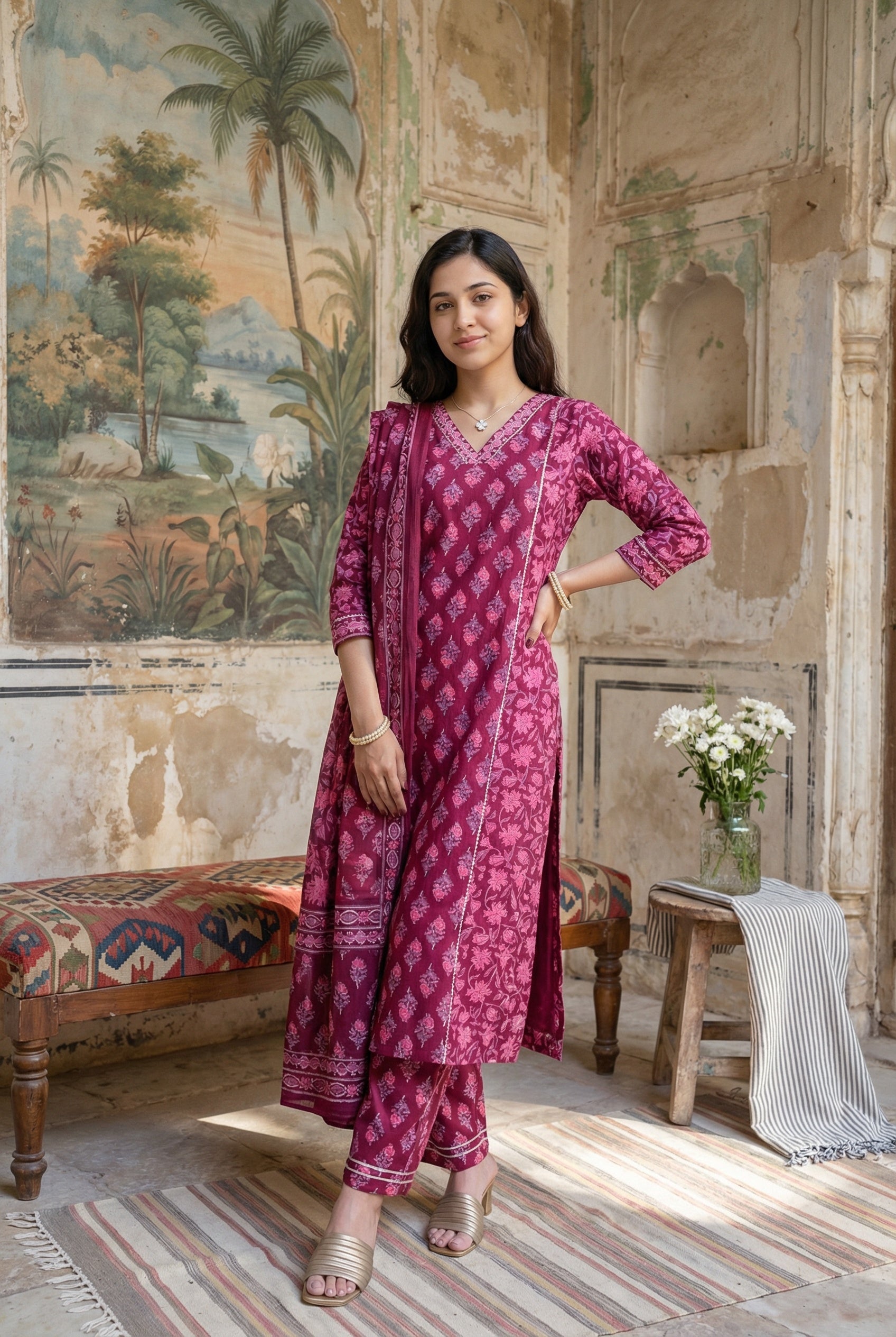 Pink Floral V-Neck Gotta Patti Pure Cotton Kurta Set For Women